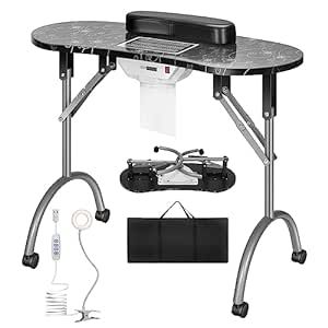 VIVOHOME Portable Manicure Nail Table on Wheels with Built-in Dust Collector, Updated USB-Plug LED Table Lamp, Carry Bag for Home Spa Beauty Salon Workstation, Black