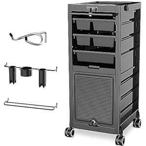TASALON Lockable Salon Trolley Cart - Beauty Salon Cart with 6 Drawers and Tool Holders, Salon Stations for Hair Stylist, Rolling Cart with Wheels, Lock and Door, Black Tool Cart for Barber Station
