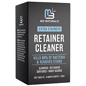 Retainer Cleanser Tablets Invisalign Cleaner FSA HSA Approved Remove Odors Discoloration Stains and Plaque 4 Month Supply Denture Cleansers Retainers Mouth Guards Denture Bath Mint by M3 Naturals