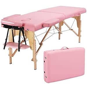 Yaheetech Professional Massage Tables Portable Wooden Folding Spa Bed Height Adjustable Salon Face Cradle Bed 2 Fold 84 Inch Tattoo Bed Pink