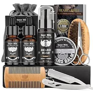 Isner Mile Beard Kit for Men, Grooming & Trimming Tool Complete Set with Shampoo Wash, Beard Care Oil, Balm, Brush, Comb, Scissors & Storage Bag, Perfect Gifts for Him Man Dad Father Boyfriend