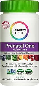 Rainbow Light Prenatal One High Potency Daily Multivitamin with Folate, Ginger and Probiotics; Supports Mom and Baby from Conception to Nursing; Vegan, 150 Tablets,* Pack May Vary