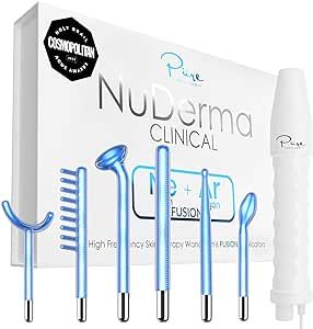 NuDerma Clinical Skin Therapy Wand - Portable High Frequency Skin Therapy Machine w 6 Fusion Neon + Argon Wands – Anti Aging - Clarifying - Skin Tightening & Radiance - Wrinkle Reducing