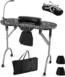 LDAILY Portable Nail Table, Foldable Nail Technician Desk w/Electric Dust Collector, Bendable LED Lamp, Removable Armrest Pad, Carry Bag, Manicure Table with Lockable Wheels for Home, Salon (Black)