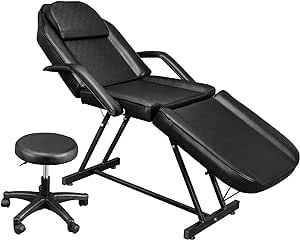 OmySalon Massage Salon Tattoo Chair Esthetician Bed with Hydraulic Stool,Multi-Purpose 3-Section Facial Bed Table, Adjustable Beauty Barber Spa Beauty Equipment, Black