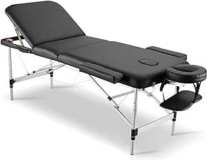 Careboda Professional Massage Table Foldable 28.7" Wide, Height Adjustable Aluminum Massage Bed 3 Fold with Headrest, Armrests and Carry Bag, Portable Massage Tables for Spa, Salon, Tattoo Black