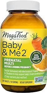 MegaFood Baby & Me 2 Prenatal Vitamin and Minerals - Vitamins for Women - with Folate (Folic Acid Natural Form), Choline, Iron, Iodine, and Vitamin C, Vitamin D and more - 120 Tabs (60 Servings)