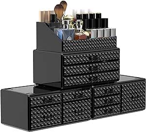 Awenia 4 Pack Stackable Makeup Organizer[Upgraded],Acrylic Cosmetics Storage Cases with 11 Drawers Perfume Organizers For Brush Holder or Jewelry Display,Plus Size(Black)
