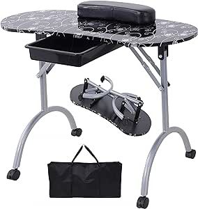 Alohappy Manicure Nail Table, Portable & Foldable Nail Desk Workstation with Large Drawer/Client Wrist Pad/Lockable Rolling Wheels/Carrying Case for Spa Beauty Salon (Black with Flower)