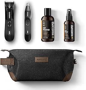 MANSCAPED® Grooming Essentials 4.0 Includes The Lawn Mower® 4.0 Groin Hair Trimmer, Weed Whacker™ 2.0 Nose Hair Trimmer, Crop Preserver™ Ball Deodorant, Crop Reviver™ Spray Toner, Shed Toiletry Bag