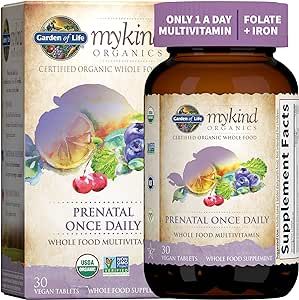 Garden of Life Prenatal Vitamin: Folate for Energy & Healthy Fetal Development, Non-constipating Iron, Vitamin C, B6, B12, D3 – mykind Organics – Organic, Non-GMO, Gluten-Free, Vegan, 30 Day Supply