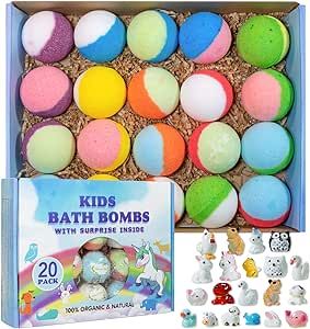 Yekery Bath Bomb Gift Set with Toys Inside, 20 Pack Organic Bath Bombs for Kids, Kids Safe Handmade Fizzy Balls for Kid, Ideal Birthday Gift for Boys & Girls